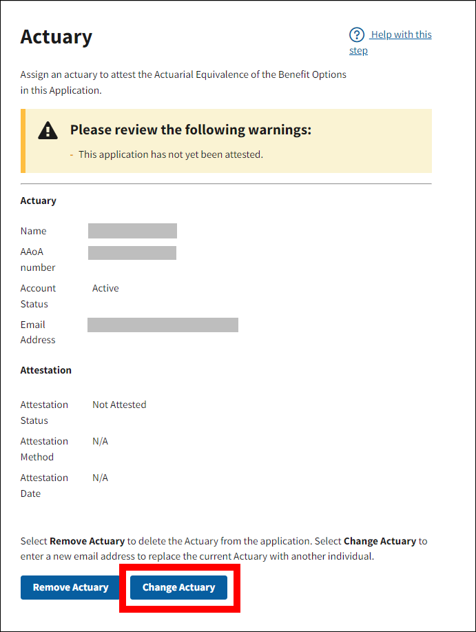 Actuary page with sample data. Change Actuary button is highlighted.