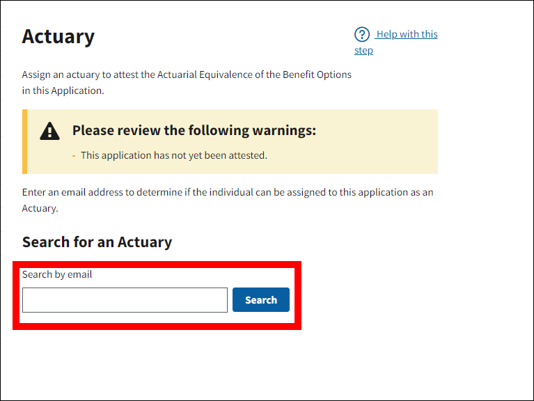 Actuary page with email field and Search button highlighted.
