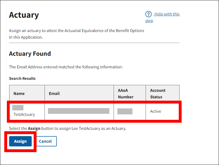 Actuary page with sample data. Search results and Assign button are highlighted.