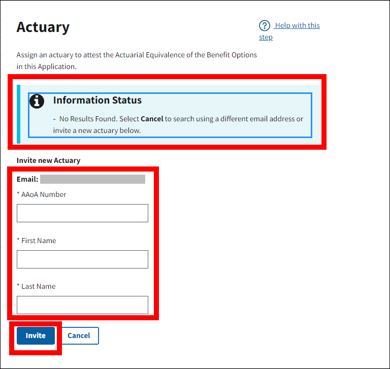 Actuary page with Information message, form fields, and Invite button highlighted.