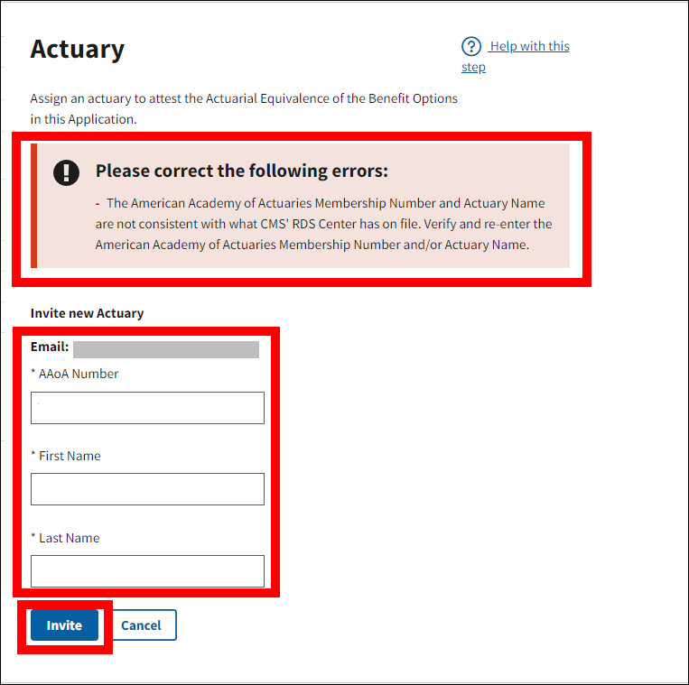 Actuary page with Error message, form fields, and Invite button highlighted.
