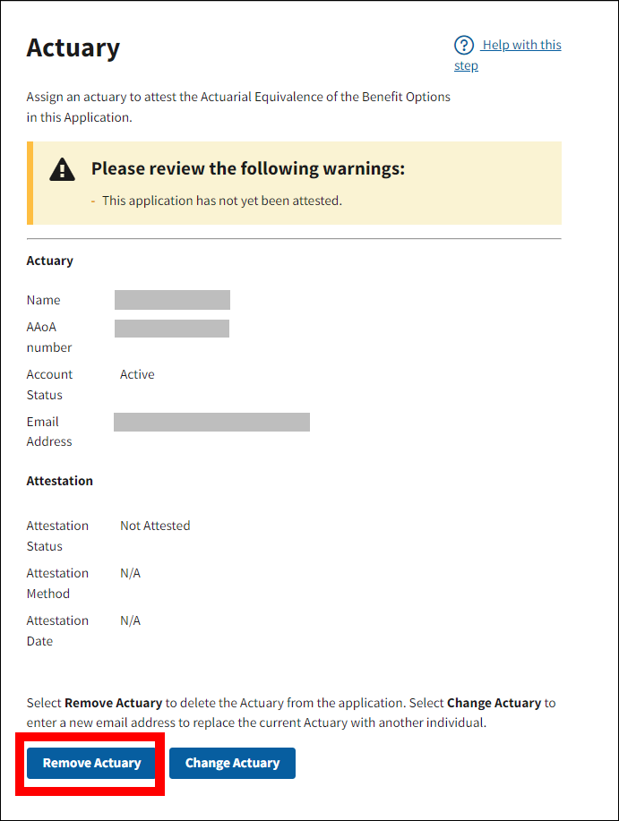 Actuary page with sample data. Remove Actuary button is highlighted.