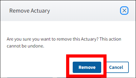 Remove Actuary pop-up with Remove button highlighted.