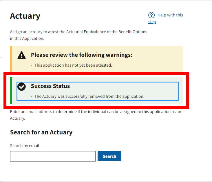 Actuary page with Success message highlighted.