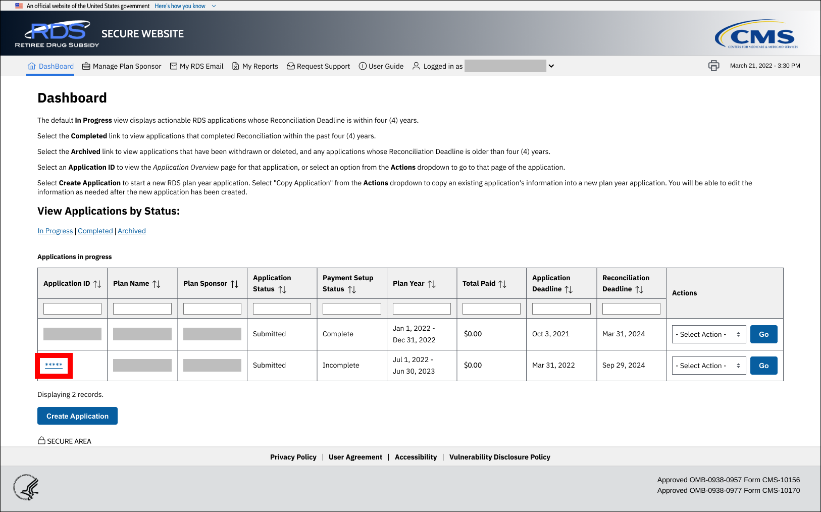 Dashboard page with sample data. Application ID link is highlighted.