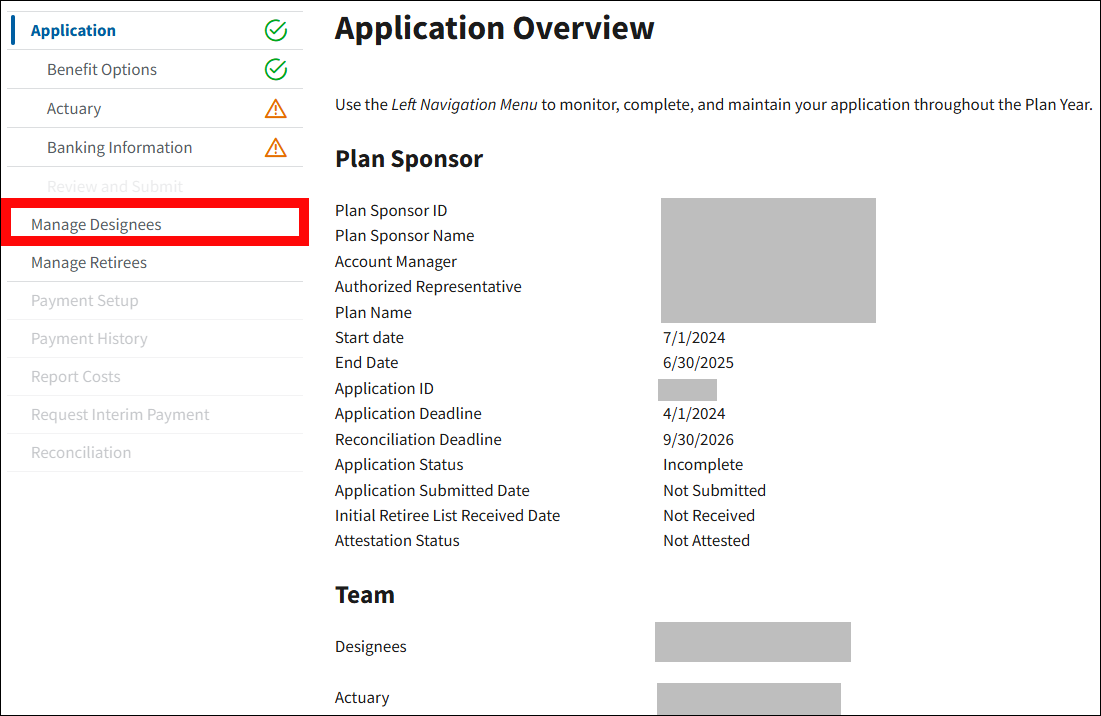 Application Overview page with sample data. Manage Designees is highlighted in left nav.