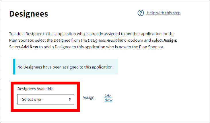 Designees page with Designees Available dropdown highlighted.