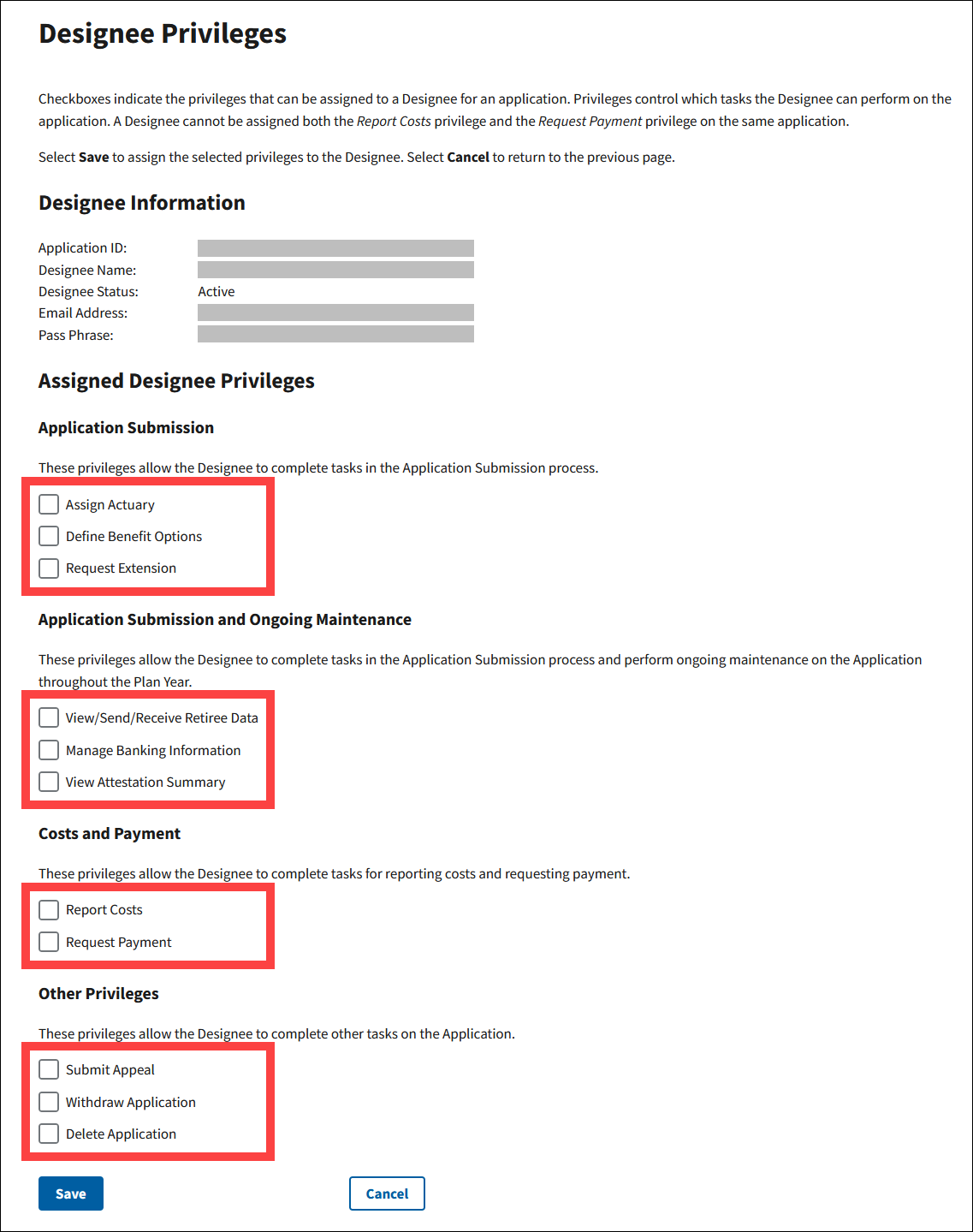 Designee Privileges page with sample data. Checkboxes are highlighted.