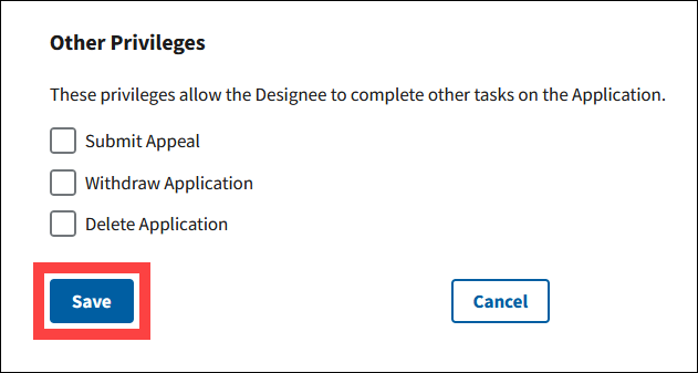 Designee Privileges page with Save button highlighted.
