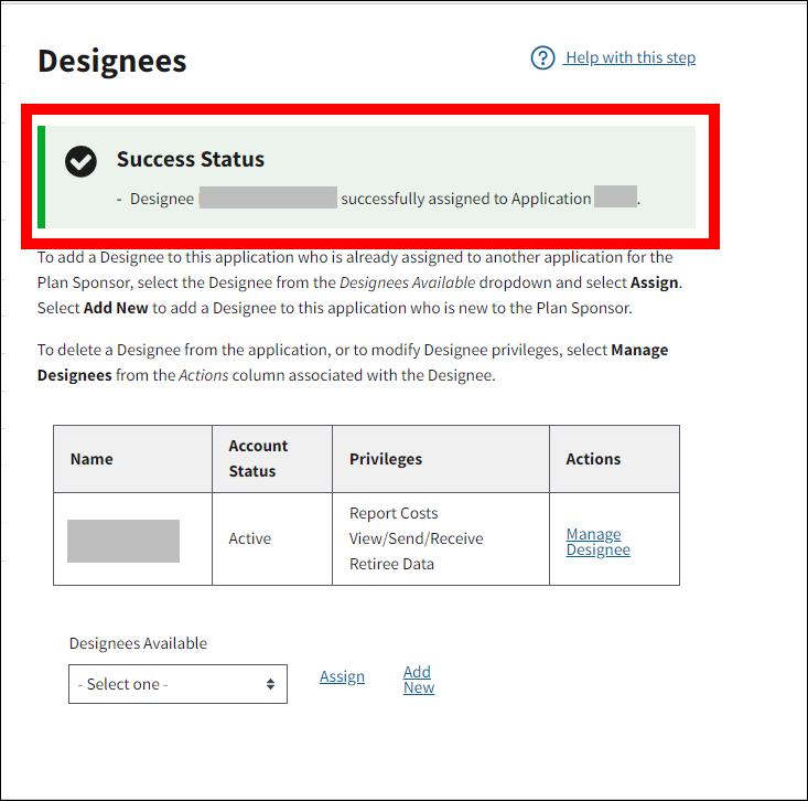 Designees page with sample data. Success message is highlighted.