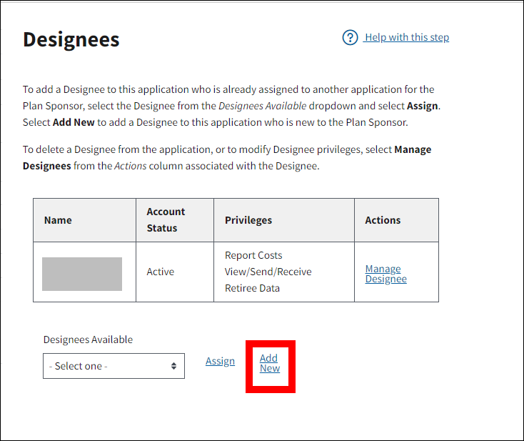 Designees page with sample data. Add New link is highlighted.