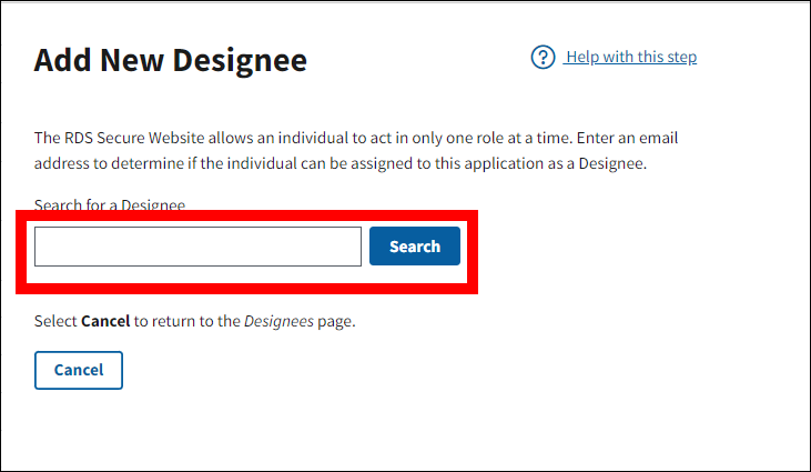 Add New Designee page with Search field and button highlighted.