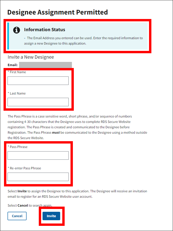 Designee Assignment Permitted page with Information message, form fields, and Invite button highlighted.