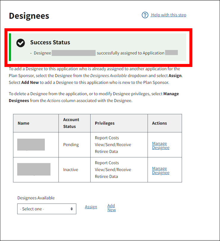 Designees page with sample data. Success message is highlighted.