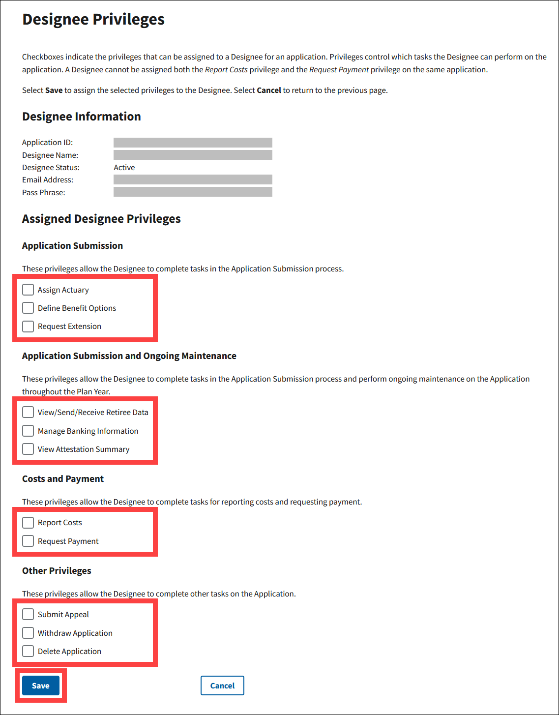 Designee Privileges page with Checkboxes and Save button highlighted.