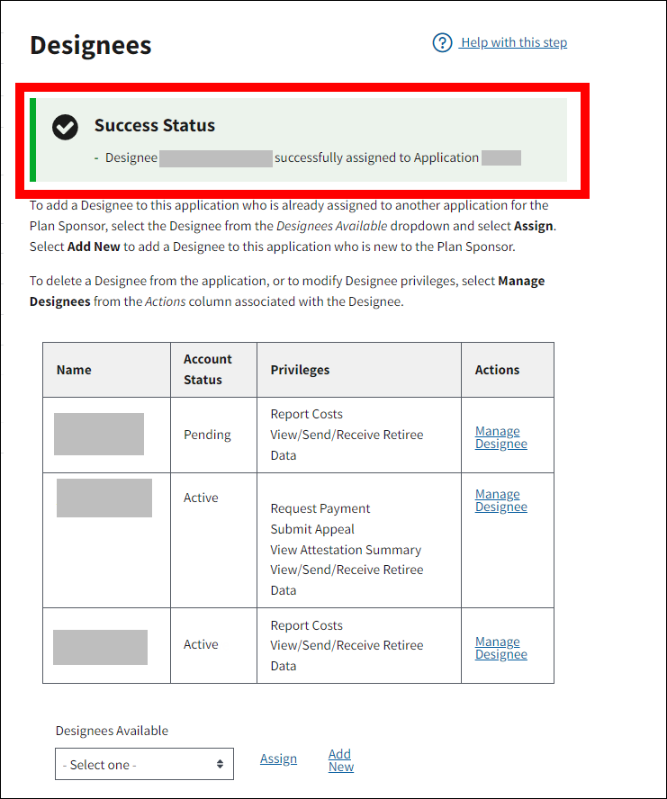 Designees page with sample data. Success message is highlighted.