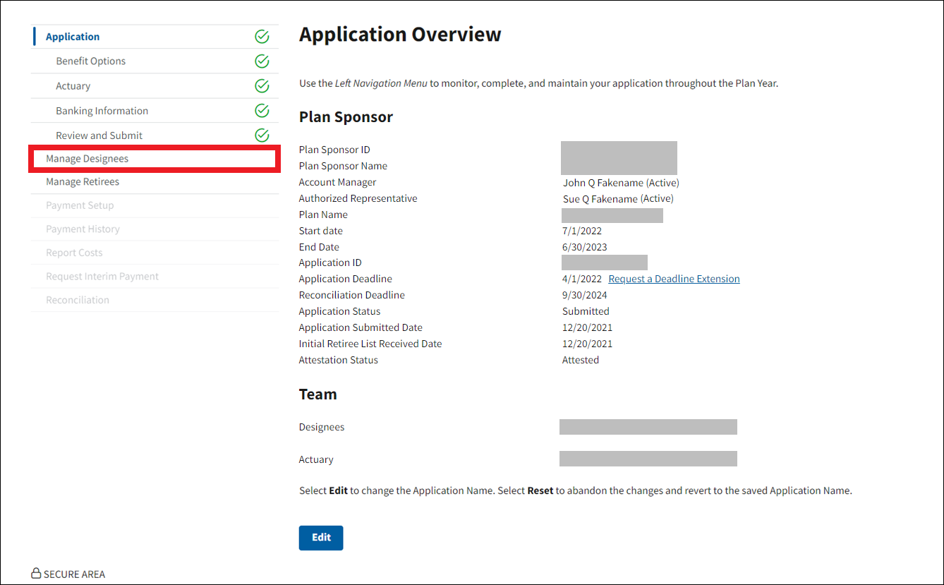 Application Overview page with sample data. Manage Designees is highlighted in left nav.