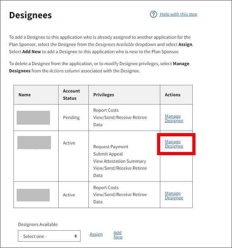 Designees page with sample data. Manage Designee link is highlighted.