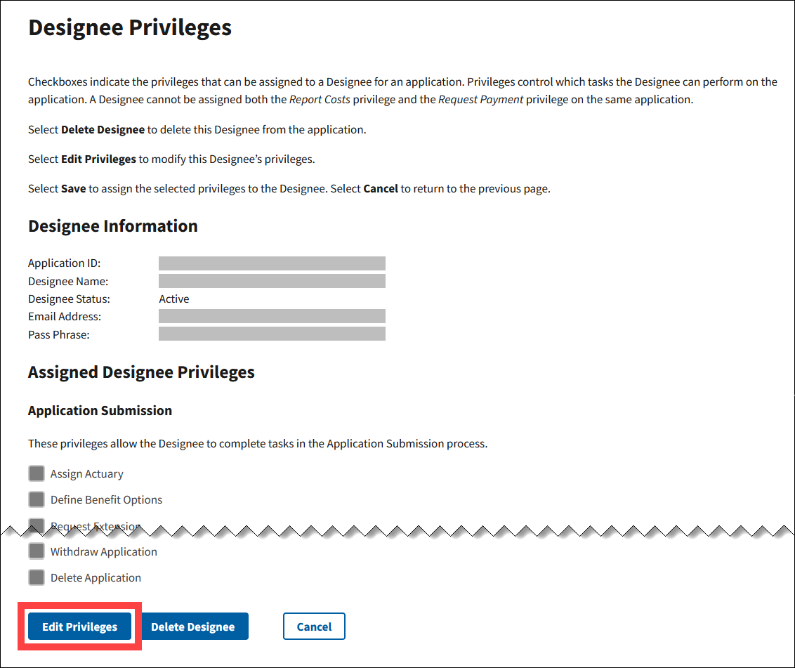 Designee Privileges page with sample data. Edit Privileges button is highlighted.