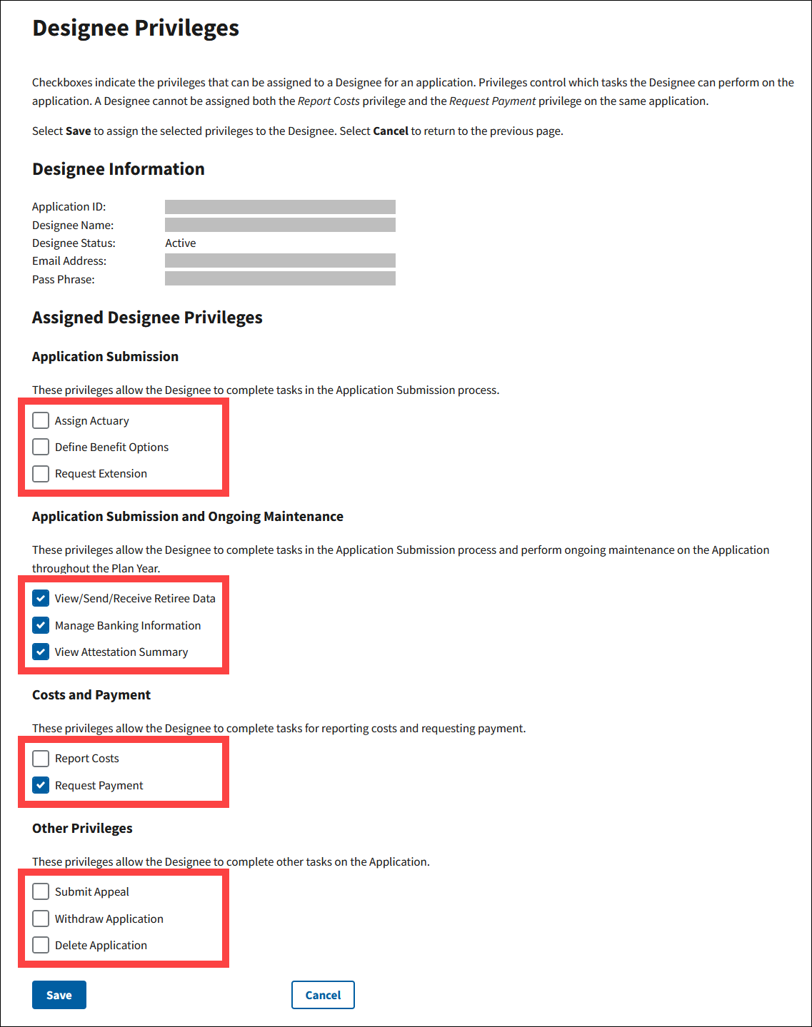 Designee Privileges page with sample data. Checkboxes are highlighted.