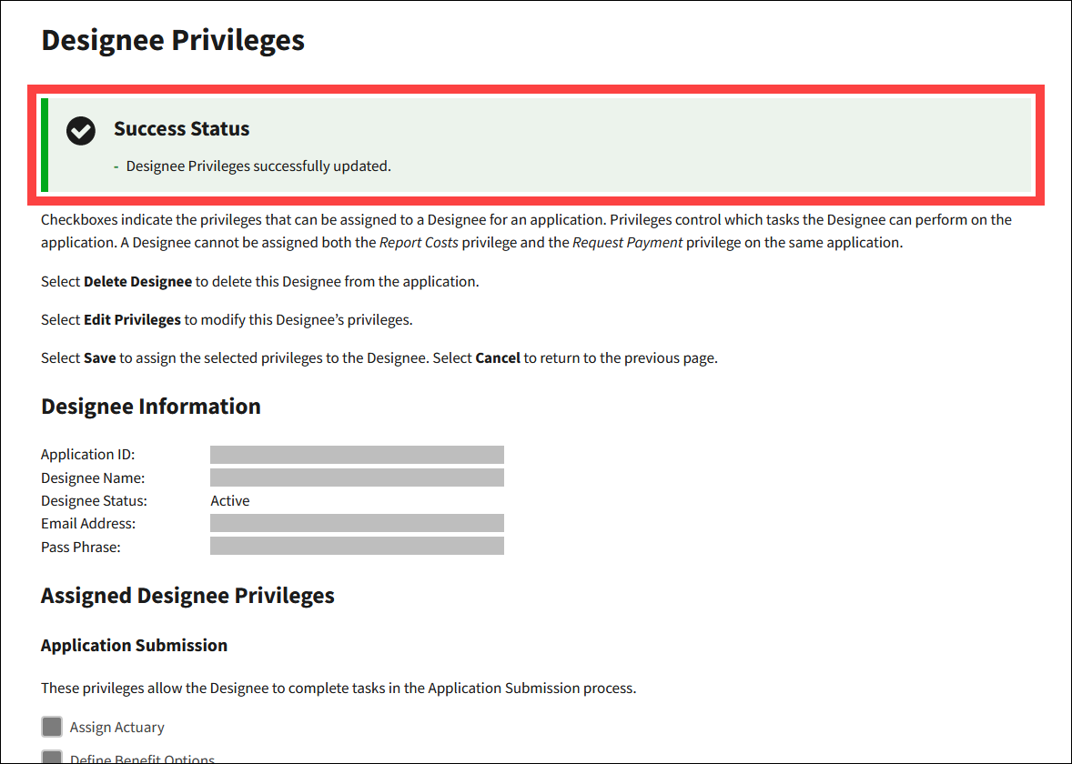 Designee Privileges page with sample data. Success message is highlighted.