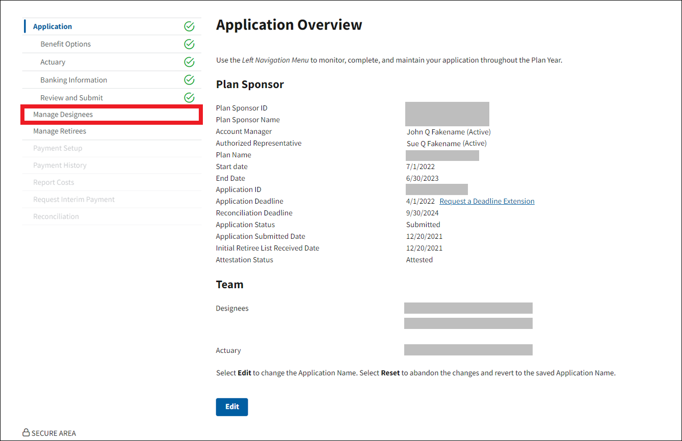 Application Overview page with sample data. Manage Designees is highlighted in left nav.