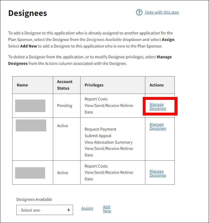Designees page with sample data. Manage Designee link is highlighted.