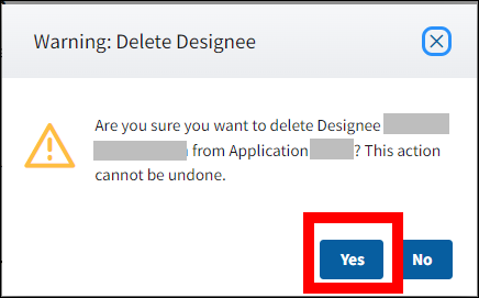 Warning: Delete Designee pop-up with Yes button highlighted.