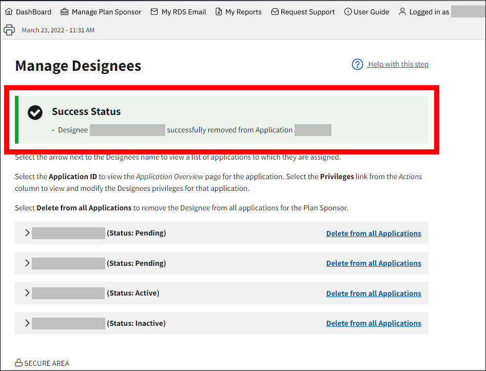 Manage Designees page with sample data. Success message is highlighted.