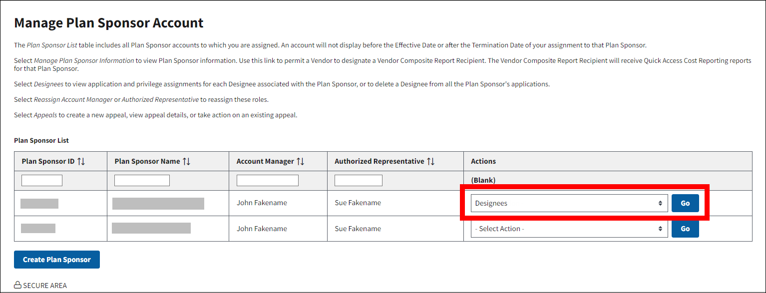 Manage Plan Sponsor Account page with sample data. Actions is highlighted.