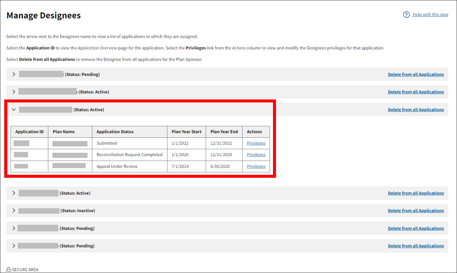 Manage Designees page with sample data. Expanded Designee section with applications table is highlighted.