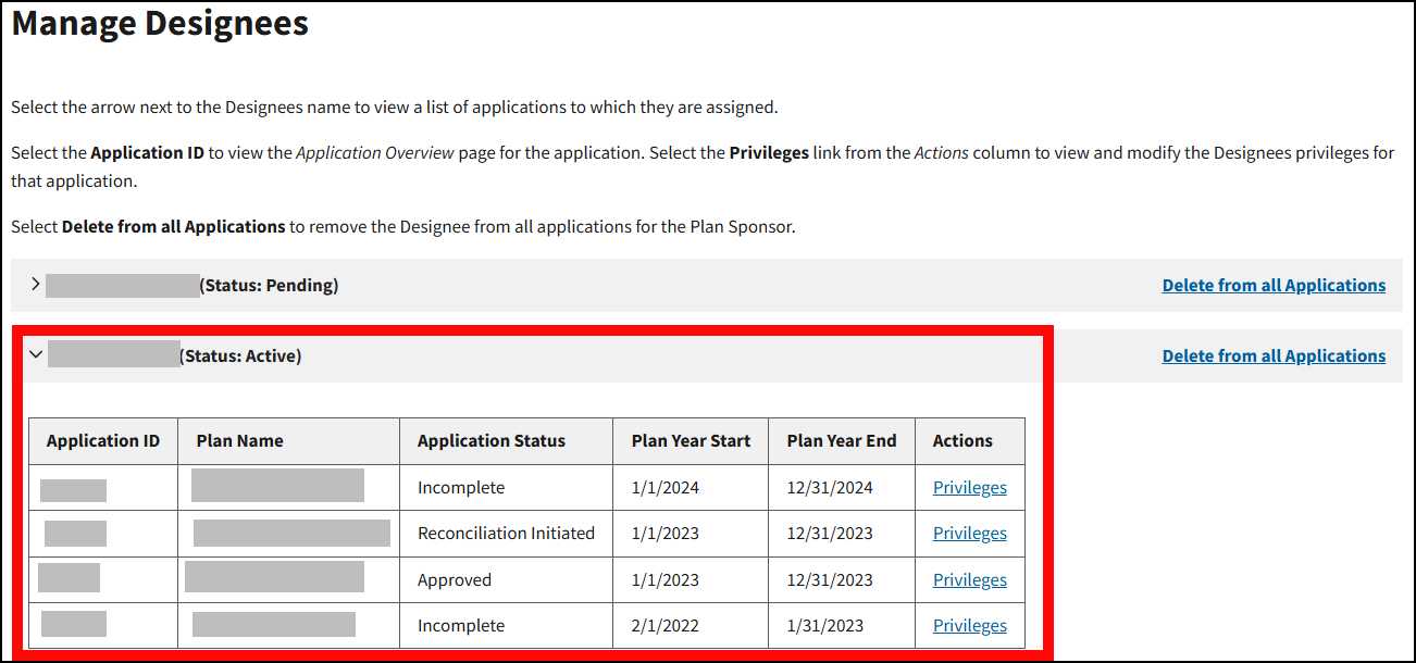 Manage Designees page with sample data. Expanded Designee section with applications table is highlighted.