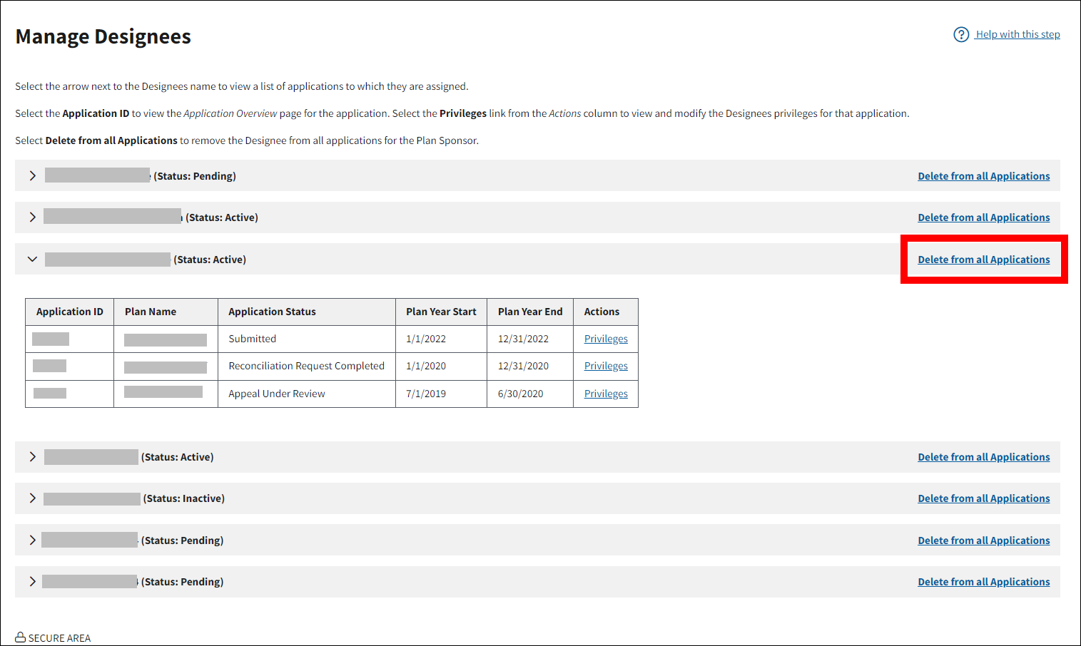 Manage Designees page with sample data. Delete from all Applications link is highlighted.