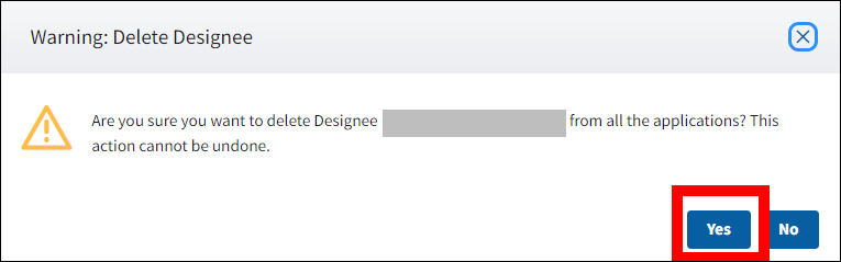 Warning: Delete Designee pop-up with Yes button highlighted.