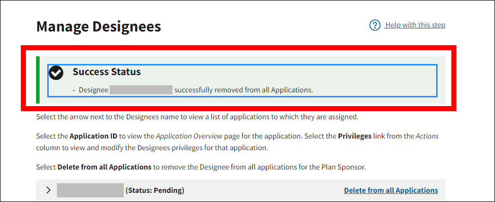 Manage Designees page with sample data. Success message is highlighted.