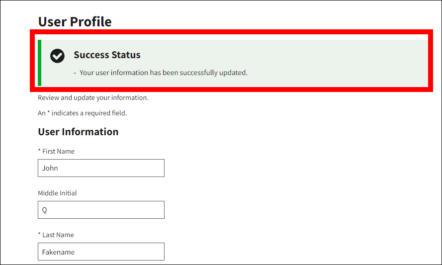 User Profile page with sample form data. Success message is highlighted.