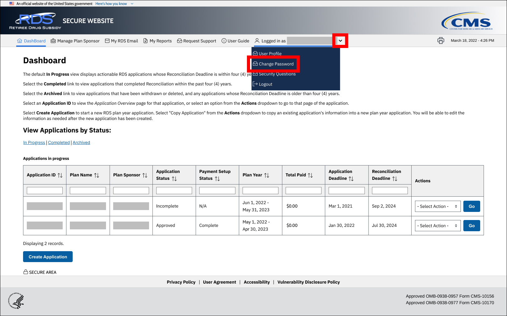 Dashboard page with sample data. User dropdown is open in top nav, and Change Password is highlighted.