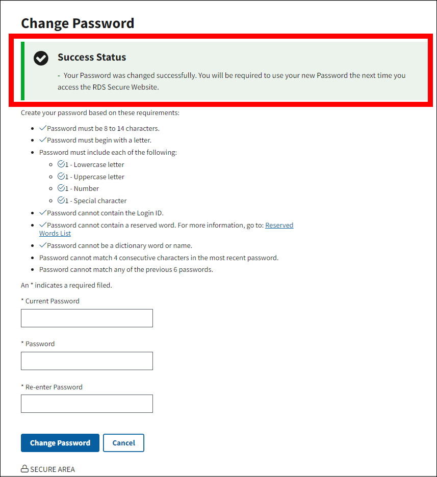 Change Password page with Success Message highlighted.