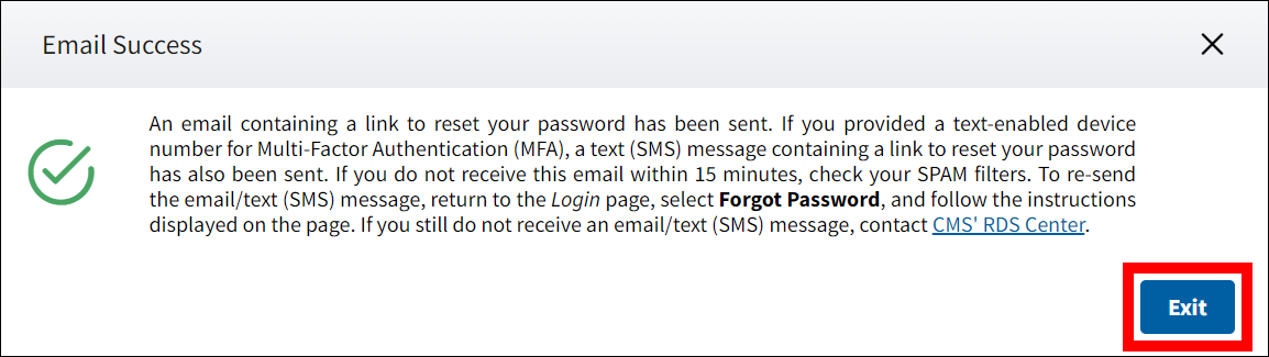 Email Success pop-up with Exit button highlighted.