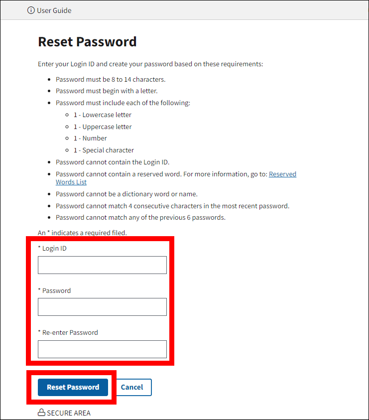 Reset Password page with form fields and Reset Password button highlighted.