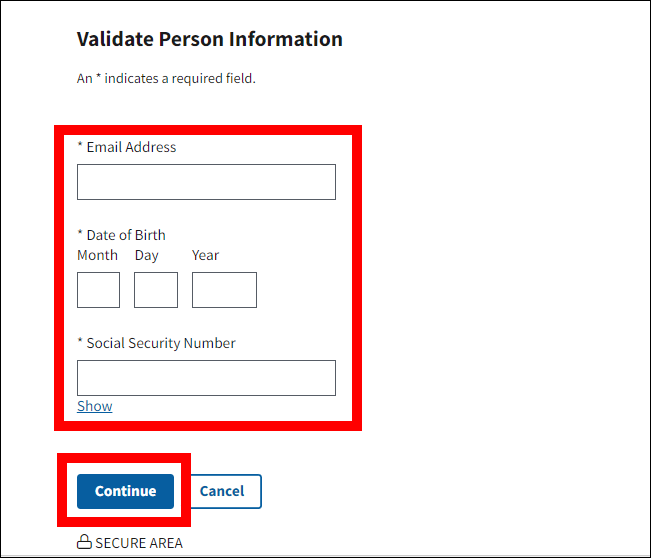 Validate Person Information page with form fields and Continue button highlighted.