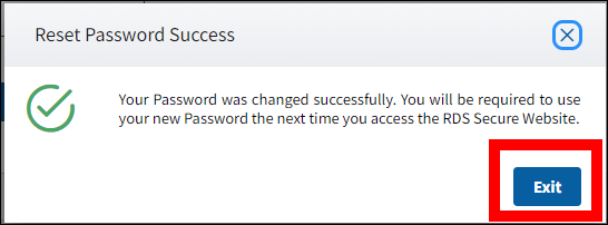 Reset Password Success pop-up with Exit button highlighted.
