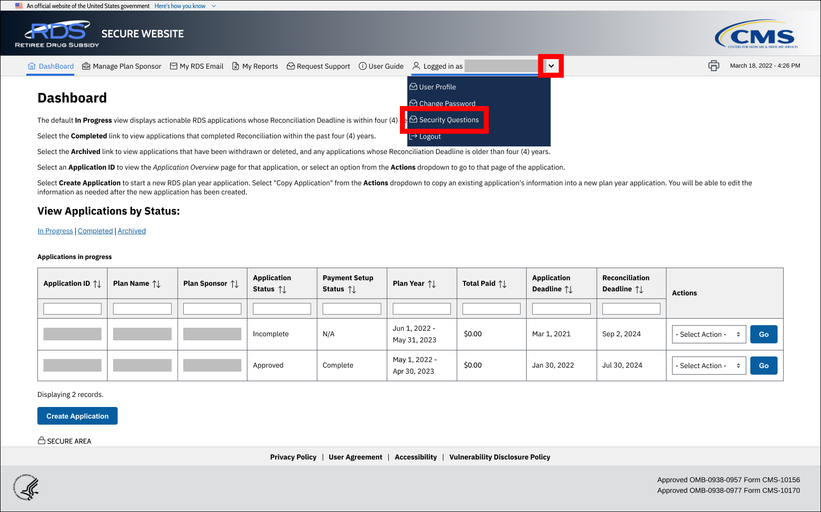 Dashboard page with sample data. User dropdown is open in top nav, and Security Questions is highlighted.