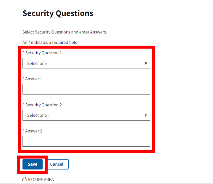 Security Questions page with form fields and Save button highlighted.