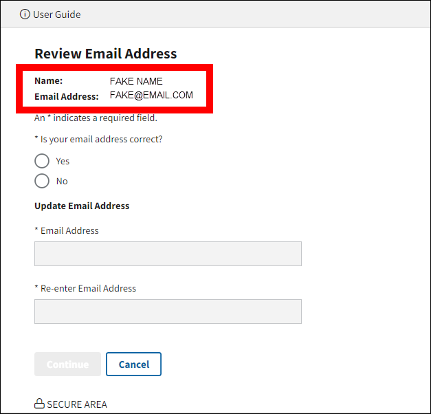 Review Email Address page with sample name and email address data highlighted.