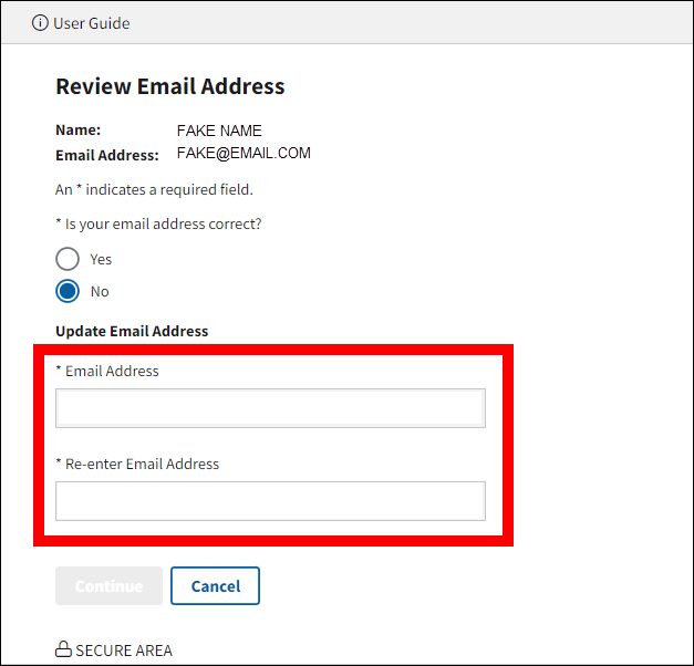 Review Email Address page with sample data. Email address form fields are highlighted.
