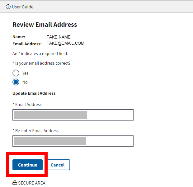 Review Email Address page with sample data. Continue button is highlighted.