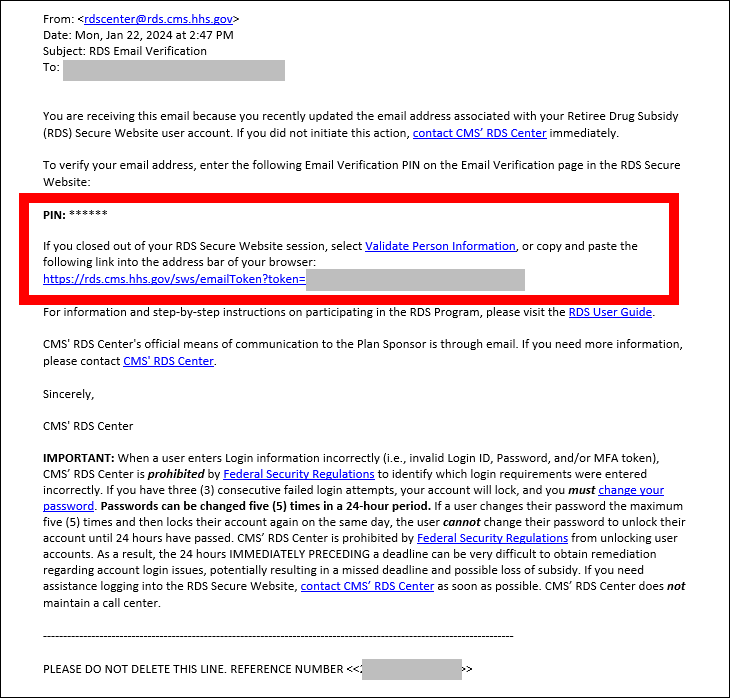 Sample RDS Email Verification email with PIN and Validate Person Information links highlighted.