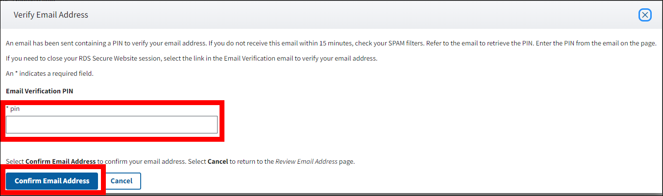Verify Email Address pop-up with PIN form field and Confirm Email Address button highlighted.