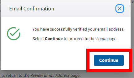 Email Confirmation pop-up with Continue button highlighted.
